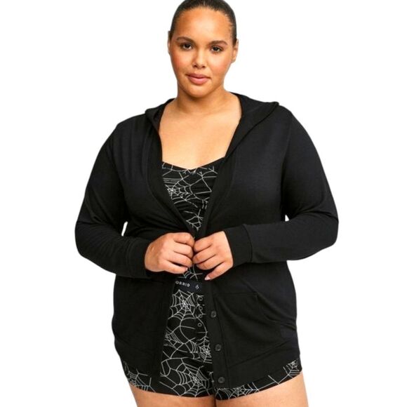 TORRID Plus Size Lightweight Black French Terry Hooded Lounge Cardigan 2X - Picture 1 of 16